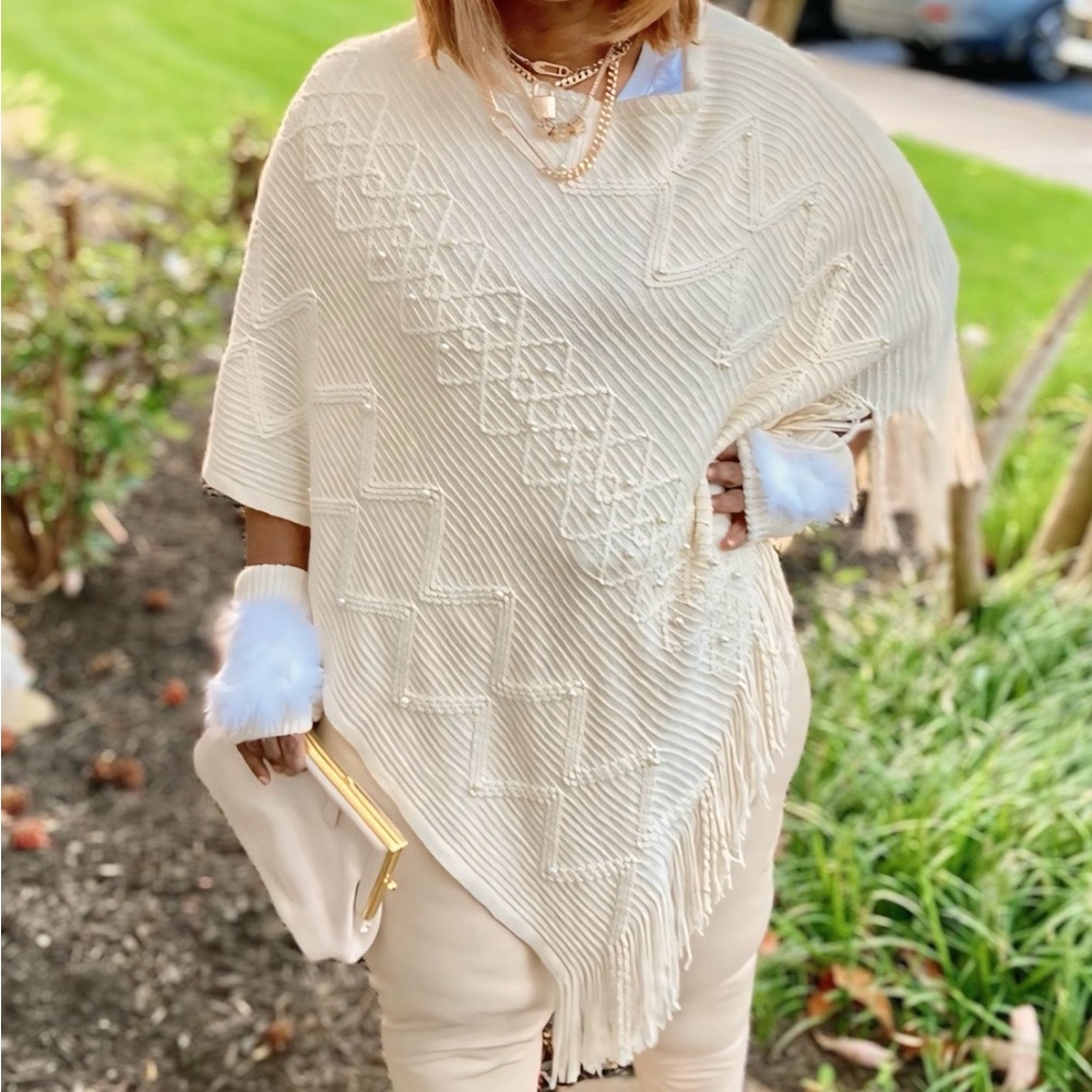 Cream Asymmetrical Cape/Shaw with pearl accents